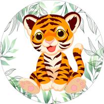 Painel de Lona Redondo Tigre Feliz Fundo Silhueta de Folhas