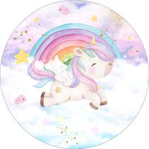 Painel de Lona Redondo Unicórnio Baby Aquarela Arco Iris
