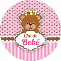 Painel de Lona Redondo Ursinha Princesa Rosa e Marrom Chá de Bebê