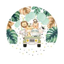 Painel De Tecido Redondo Animais Safári Aquarela Jeep Folhas Fundo Póa 150cm - Veste Bem