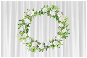 Painel de Tecido Sublimado Aro de Folhas e Flores Cortina Branca