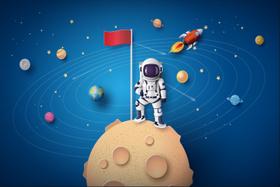 Painel de Tecido Sublimado Astronauta no Planeta Bandeira e Constelação de Planetas Painel de Tecido Sublimado Astronauta no Planeta Bandeira e Constelação de Planetas