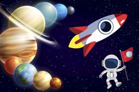 Painel de Tecido Sublimado Astronauta Planetas Foguete
