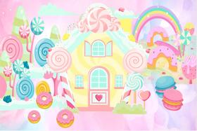 Painel de Tecido Sublimado Casa de Doces Candy e Guloseimas Painel de Tecido Sublimado Casa de Doces Candy e Guloseimas