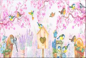 Painel de Tecido Sublimado Casa de Passarinhos Flores Aquarelado Painel de Tecido Sublimado Casa de Passarinhos Flores Aquarelado