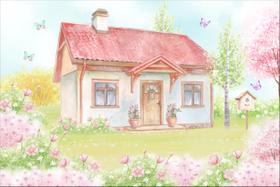 Painel de Tecido Sublimado Casa jardim Flores Borboletas Casinha de Passarinho Aquarela