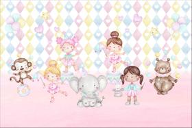 Painel de Tecido Sublimado Circo Rosa Meninas Palhacinhas Animais Aquarela