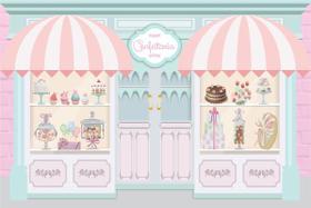 Painel de Tecido Sublimado Confeitaria Azul e Rosa Franca