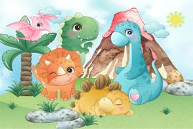 Painel de Tecido Sublimado Dinossauros Dino Turminha Cute Vulcão