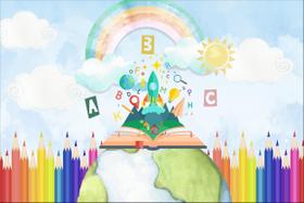 Painel de Tecido Sublimado Escola Lápis de Cor Planeta Arco Íris