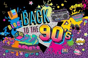 Painel de Tecido Sublimado Festa Anos 90 de Volta no Tempo Painel de Tecido Sublimado Festa Anos 90 de Volta no Tempo