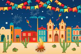 Painel de Tecido Sublimado Festa Junina Arraiá Cidade Fogueira Bandeirinhas Cactos Noite 400x250cm