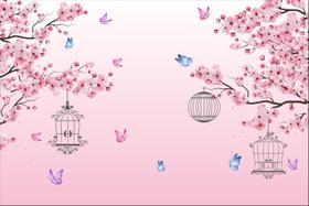 Painel de Tecido Sublimado Flor de Cerejeira e Borboletas Gaiolas Fundo Degradê Rosa