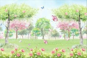 Painel de Tecido Sublimado Floresta Flores Arvores Borboletas Aquarela