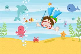 Painel de Tecido Sublimado Fundo do Mar Mergulhador e Animais Brincando Painel de Tecido Sublimado Fundo do Mar Mergulhador e Animais Brincando