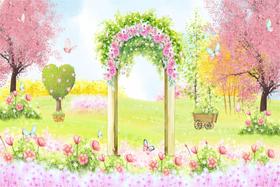 Painel de Tecido Sublimado Jardim Aquarela Arco de Flores e Borboletas