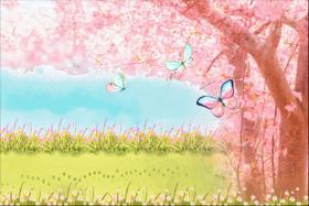 Painel de Tecido Sublimado Jardim Aquarela Cerejeira Borboletas no Jardim