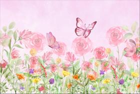 Painel de Tecido Sublimado Jardim Borboletas Flores Rosa Aquarela