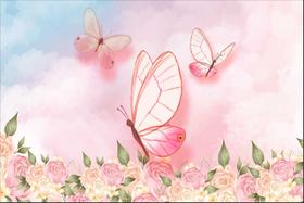 Painel de Tecido Sublimado Jardim Flores Borboletas Céu Aquarelado