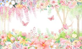 Painel de Tecido Sublimado Jardim Mágico Borboletas e Flores Diversas Aquarela