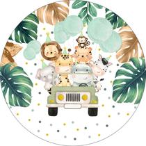 Painel de Tecido Sublimado Redondo Animais Safári Aquarela Jeep Folhas Fundo Póa c/ Elástico Painel de Tecido Sublimado Redondo Animais Safári Aquarela Jeep Folhas Fundo Póa c/ Elástico