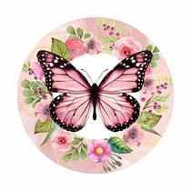 Painel de Tecido Sublimado Redondo Borboleta Rosa Aro de Flores Aquarela c/ Elástico