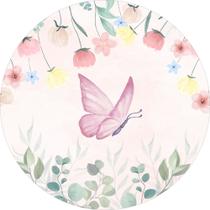 Painel de Tecido Sublimado Redondo Borboleta Rosa Jardim de flores e folhas aquarela c/ Elástico