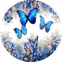 Painel de Tecido Sublimado Redondo Borboletas Azuis Campo Florido c/ Elástico