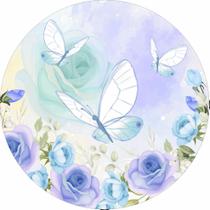 Painel de Tecido Sublimado Redondo Borboletas e Flores Aquarela Azul c/ Elástico