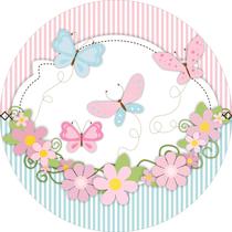 Painel de Tecido Sublimado Redondo Borboletas E Flores Fundo Listras Cute c/ Elástico