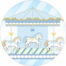 Painel de Tecido Sublimado Redondo Carrossel Azul Trio de Cavalos c/ Elástico