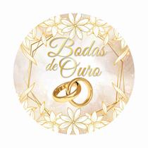 Painel de Tecido Sublimado Redondo Casamento Bodas de Ouro Alianças Dourado Flores c/ Elástico 1,5x1,5m