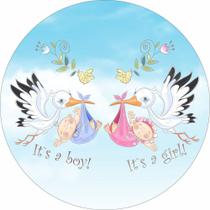 Painel de Tecido Sublimado Redondo Chá de Revelação Boy or Girl Cegonhas C/ Elástico