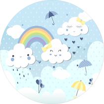 Painel de Tecido Sublimado Redondo Chuva de Amor e Gotas Arco Iris Azul c/ Elástico