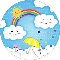 Painel de Tecido Sublimado Redondo Chuva de Amor Nuvens Felizes Sol Radiante c/ Elástico