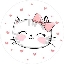 Painel de Tecido Sublimado Redondo Desenho Gatinha Laço Rosa Corações c/ Elástico