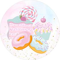 Painel de Tecido Sublimado Redondo Doces Candy Color Fundo Nuvens Aquarela c/ Elástico Painel de Tecido Sublimado Redondo Doces Candy Color Fundo Nuvens Aquarela c/ Elástico