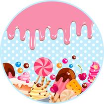 Painel de Tecido Sublimado Redondo Doces Diversos Fundo Poá c/ Elástico