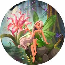 Painel de Tecido Sublimado Redondo Fada Verde Borboletas e Flor Rosa c/ Elástico