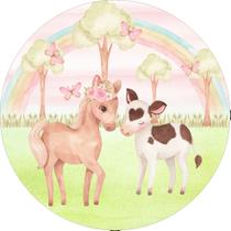 Painel de Tecido Sublimado Redondo Fazendinha rosa vaquinha e cavalinho arco íris aquarela c/ Elástico
