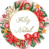 Painel de Tecido Sublimado Redondo Feliz Natal Dourado Guirlanda Aquarela c/ Elástico