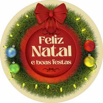 Painel de Tecido Sublimado Redondo Feliz Natal e Boas Festas Laço Vermelho e Pisca-Pisca c/ Elástico
