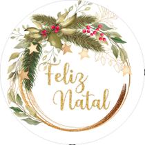 Painel de Tecido Sublimado Redondo Feliz Natal Guirlanda Estrelas Dourado c/ Elástico