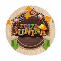 Painel de Tecido Sublimado Redondo Festa Junina Arraiá Bandeirinhas Cactos Madeira c/ Elástico