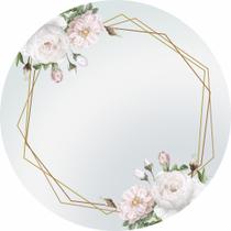 Painel de Tecido Sublimado Redondo Flores Brancas e Formas Douradas C/ Elástico Painel de Tecido Sublimado Redondo Flores Brancas e Formas Douradas C/ Elástico