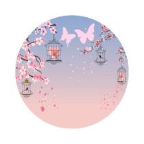 Painel De Tecido Sublimado Redondo Flores de Cerejeira e Borboletas C/Elástico