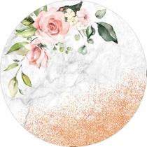 Painel de Tecido Sublimado Redondo Flores Rosas e Mármore Fundo Glitter c/ Elástico