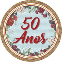 Painel de Tecido Sublimado Redondo Formas e Flores em Circulo 50 Anos Vermelho c/ Elástico