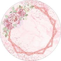 Painel de Tecido Sublimado Redondo Formas e Flores Glitter Rosa Fundo Mármore c/ Elástico
