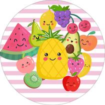 Painel de Tecido Sublimado Redondo Frutinhas Cute Reunidas em Festa Listras Rosas c/ Elástico